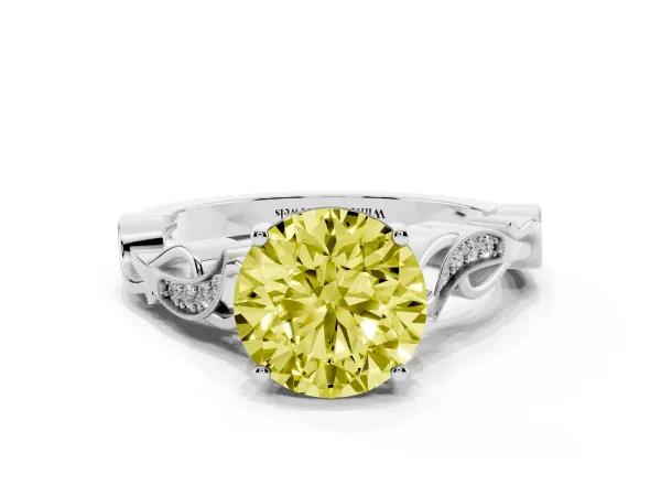 Fancy Yellow Round Cut Solitaire Vine Band with Milgrain Prong Setting Platinum