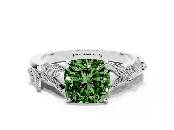 Fancy Green Cushion Cut Diamond Solitaire Ring with Leaf Motif Band and Four-Prong Setting Platinum