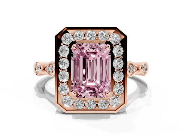 Fancy Pink Emerald Cut Halo Diamond Engagement Ring with Twisted Band and Four-Prong Setting Rose gold