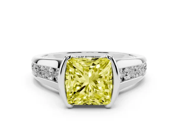 Fancy Yellow Princess Cut Solitaire Bezel-Set Diamond Ring with Channel-Set Band Platinum