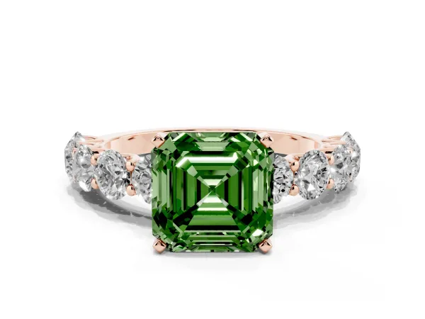 Fancy Green Asscher Cut Diamond Prong Setting with Side Stones on a Pave Band Rose gold
