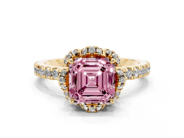 Fancy Pink Asscher Cut Diamond Halo Pave Band with Four-Prong Setting Yellow gold