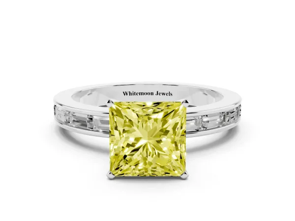 Fancy Yellow Princess Cut Solitaire Diamond Ring with Channel-Set Baguette Band and Four-Prong Setting Platinum