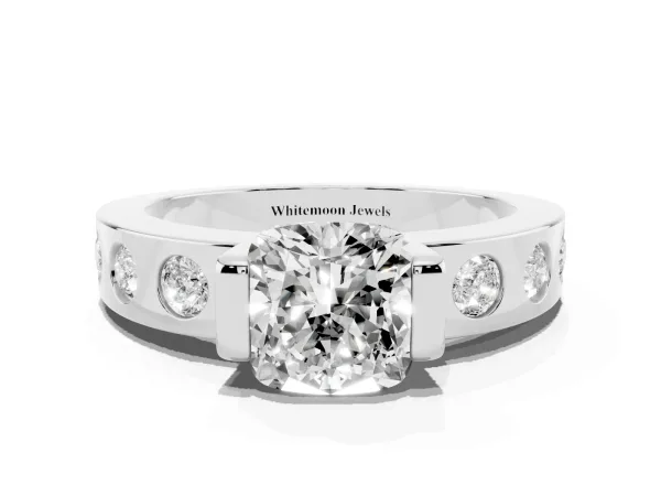 Cushion Cut Brilliant Channel-Set Diamond Ring with Bezel Prong Setting White gold