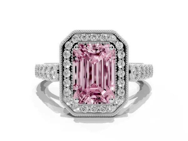Fancy Pink Emerald Cut Halo Milgrain Solitaire with Bezel Set Side Stones and Pave Band Platinum