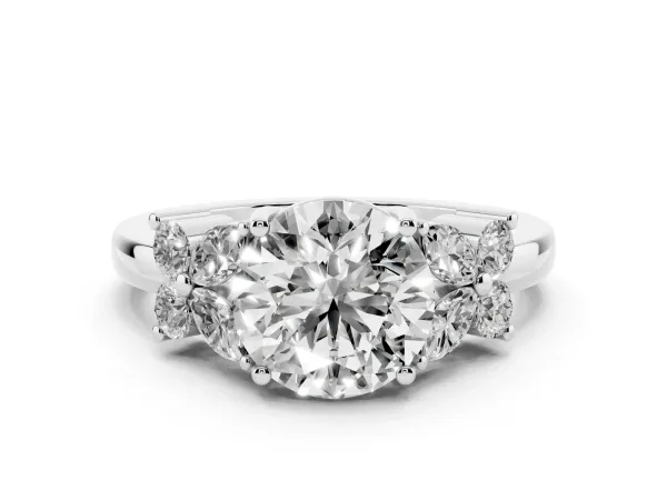 Round Cut Diamond Floral Cluster Ring with Solitaire Band and Prong Setting Platinum