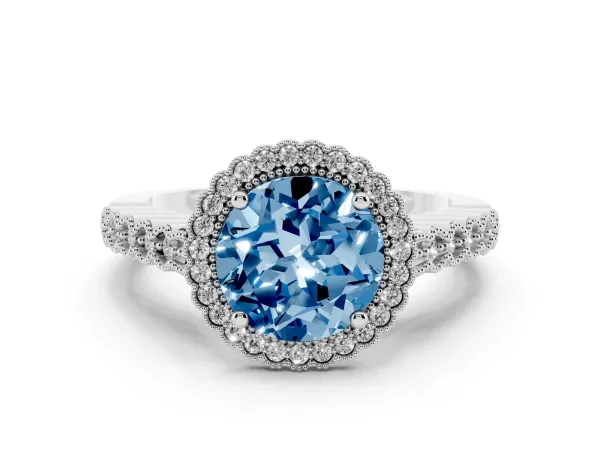 Fancy Blue Round Cut Cut Halo Pavé Solitaire Ring with Milgrain Band White gold