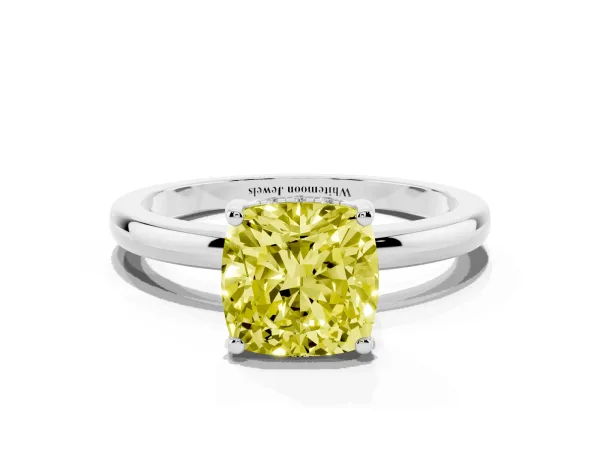 Fancy Yellow Cushion Cut Solitaire Diamond Ring with Prong Setting and Plain Band Platinum