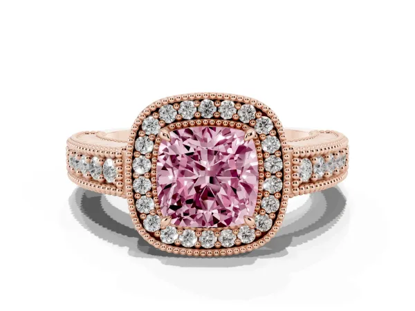 Fancy Pink Cushion Cut Cut Halo Diamond Ring with Pavé Band and Four-Prong Setting Rose gold
