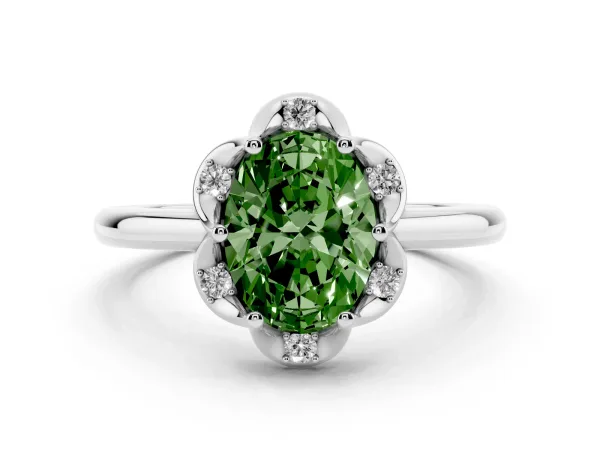 Fancy Green Oval Cut Halo Diamond Ring with Round Cluster Setting, Solitaire Band, and Four-Prong Setting White gold