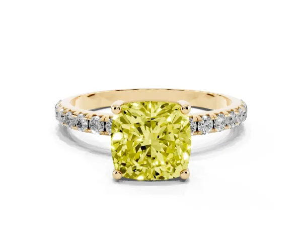 Fancy Yellow Cushion Cut Cut Diamond Solitaire Ring with Micro Pave Band and Four Prong Setting Yellow gold