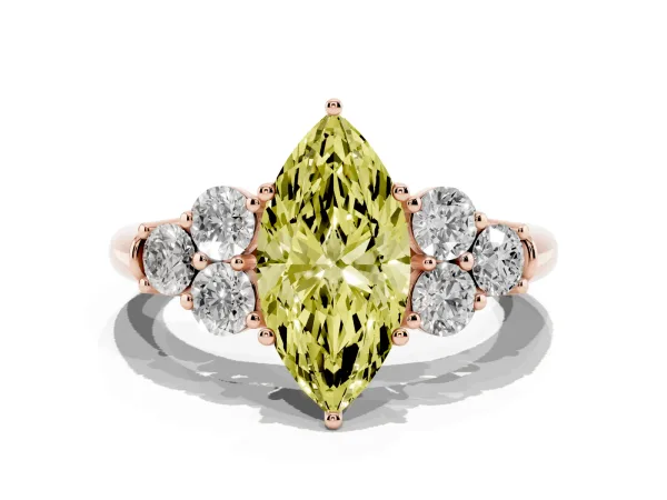 Fancy Yellow Marquise Cut Cut Diamond Cluster Ring with Round Accent Stones and Prong Setting on a Classic Band Rose gold