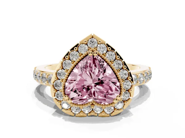 Fancy Pink Heart Cut Diamond Halo Ring with Pavé Band and Prong Setting Yellow gold