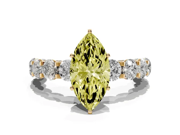 Fancy Yellow Marquise Cut Diamond Side Stone Engagement Ring with Four-Prong Setting Yellow gold