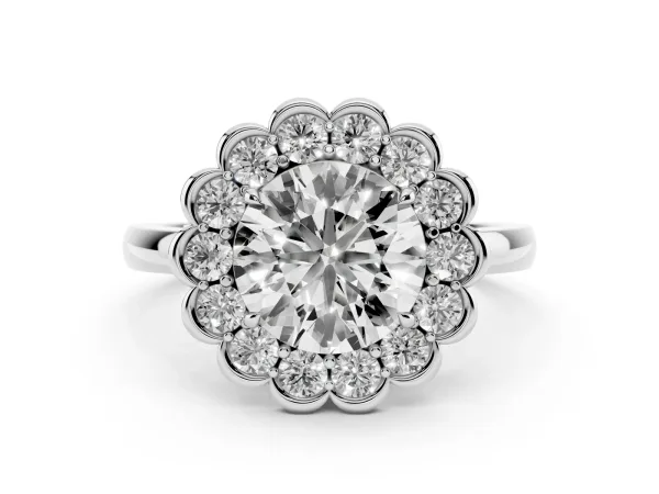 Round Cut Halo Cluster Diamond Engagement Ring with Solitaire Band and Prong Setting Platinum