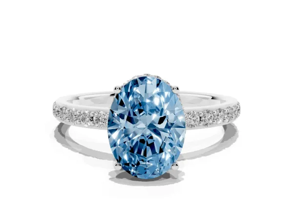 Fancy Blue Oval Cut Diamond Solitaire Ring with Pavé Band and Hidden Halo Platinum