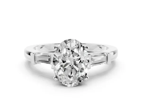 Oval Cut Cut Diamond Solitaire Ring with Tapered Baguette Accents and Four-Prong Setting White gold