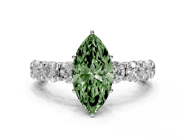 Fancy Green Marquise Cut Diamond Side Stone Engagement Ring with Four-Prong Setting Platinum