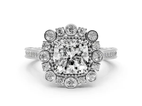 Cushion Cut Halo Milgrain Pave Diamond Ring with Four-Prong Setting White gold