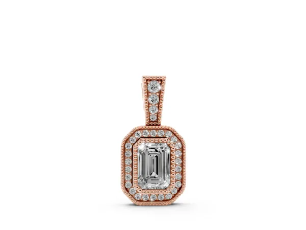 Emerald Cut Halo Diamond Pendant with Pavé Setting Rose gold