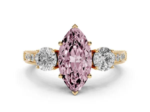 Fancy Pink Marquise Cut Three-Stone Diamond Ring with Pavé Band and Four-Prong Setting Yellow gold