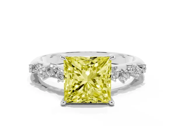 Fancy Yellow Princess Cut Diamond Cluster Side Stone Solitaire Ring with Prong Setting Platinum