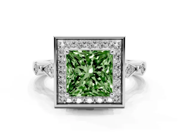 Fancy Green Princess Cut Halo Diamond Engagement Ring with Twisted Band and Four-Prong Setting White gold