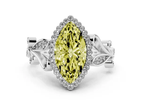 Fancy Yellow Marquise Cut Diamond Halo Ring with Vintage Split Shank and Four-Prong Setting White gold