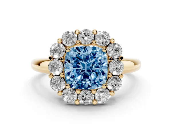 Fancy Blue Cushion Cut Halo Cluster Diamond Engagement Ring with Prong Setting and Polished Band Yellow gold