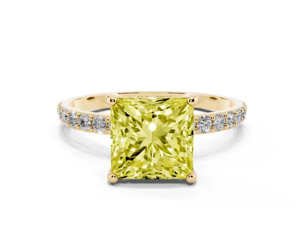 Fancy Yellow Princess Cut Diamond Solitaire Ring with Round Pavé Band and Prong Setting Yellow gold