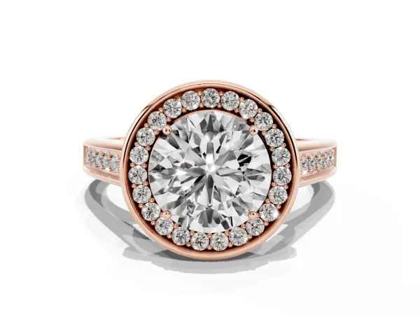 Round Cut Halo Solitaire Diamond Ring with Pave Band and Bezel Setting Rose gold