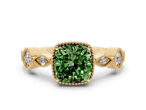 Fancy Green Cushion Cut Diamond Vintage Milgrain Ring with Round Stations Yellow gold