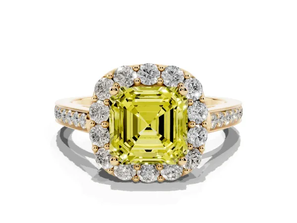 Fancy Yellow Asscher Cut Diamond Floral Halo Ring with Pavé Band and Prong Setting Yellow gold
