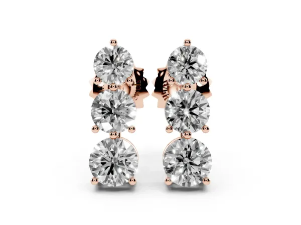 Three-Stone Round Diamond Prong-Set Drop Earrings Rose gold
