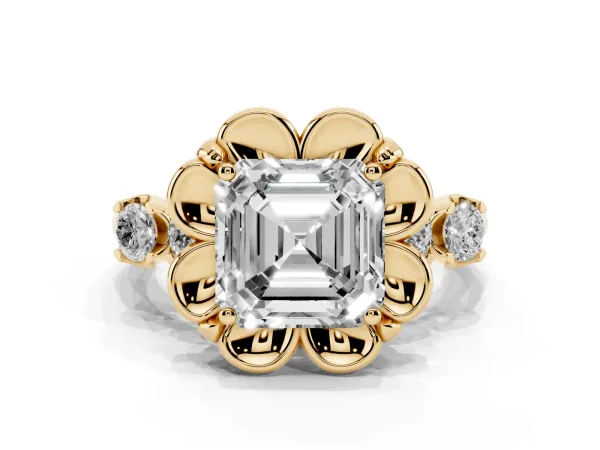 Asscher Cut Cut Diamond Floral Halo Engagement Ring with Shared Prong Setting Yellow gold