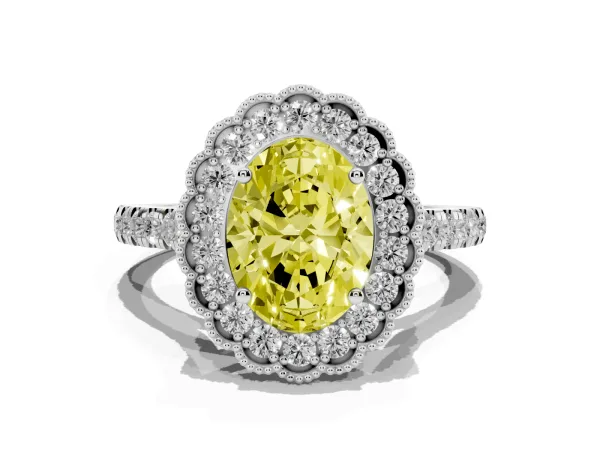 Fancy Yellow Oval Cut Cut Diamond Milgrain Floral Halo Engagement Ring with Pavé Band Platinum