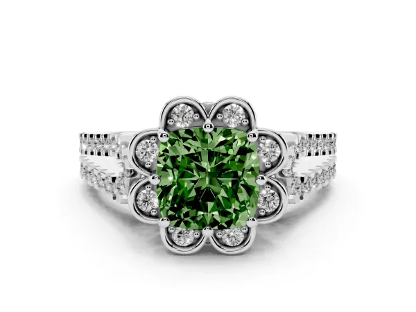 Fancy Green Cushion Cut Halo Diamond Floral Split Shank Engagement Ring White gold