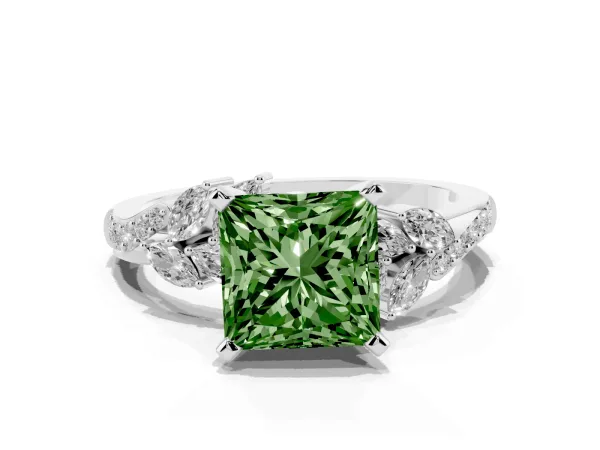 Fancy Green Princess Cut Solitaire Marquise Twist Band with Six-Prong Setting White gold