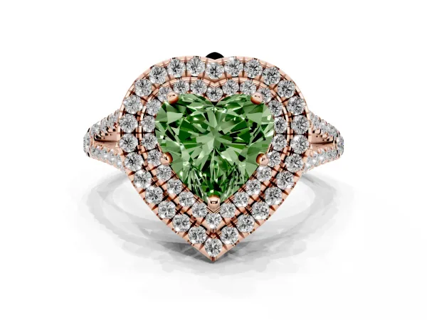 Fancy Green Heart Cut Diamond Double Halo Ring with Pavé Band and Prong Setting Rose gold