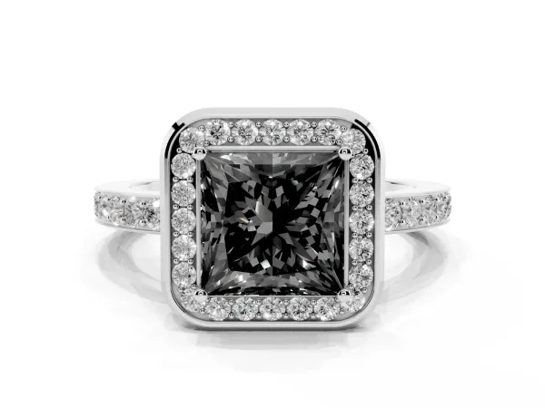 Fancy Black Princess Cut Diamond Halo Ring with Bezel Frame and Pavé Band White gold