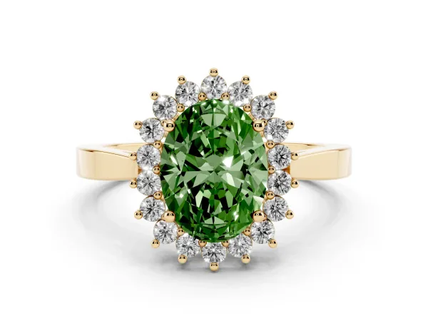 Fancy Green Oval Cut Cut Diamond Halo Ring with Round Brilliant Halo and Solitaire Band Yellow gold