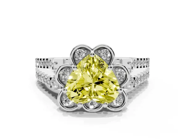 Fancy Yellow Heart Cut Halo Diamond Floral Split Shank Engagement Ring White gold