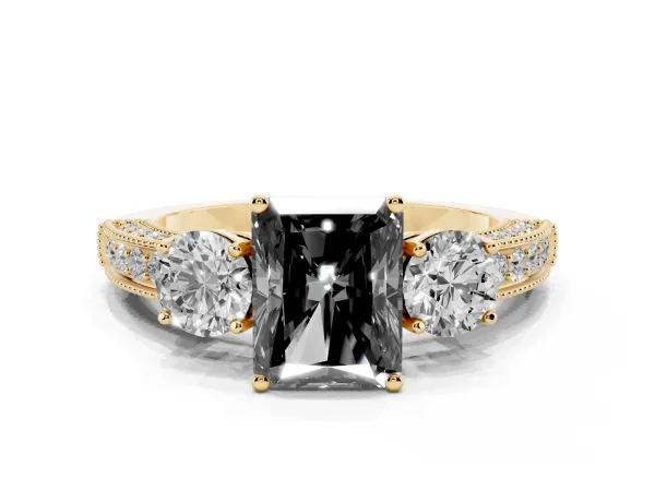 Fancy Black Radiant Cut Three-Stone Diamond Ring with Pavé Band and Four-Prong Setting Yellow gold