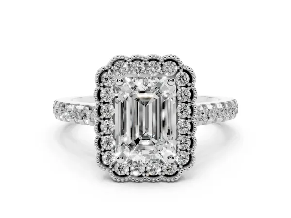 Emerald Cut Cut Diamond Milgrain Floral Halo Engagement Ring with Pavé Band White gold