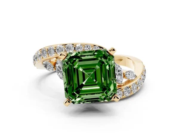 Fancy Green Asscher Cut Solitaire with Pavé Twist Band and Four-Prong Setting Yellow gold