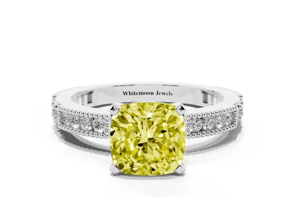 Fancy Yellow Cushion Cut Solitaire with Pavé Band and Four-Prong Setting Platinum