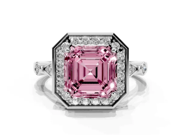 Fancy Pink Asscher Cut Halo Diamond Engagement Ring with Twisted Band and Four-Prong Setting Platinum