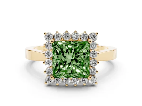 Fancy Green Princess Cut Cut Diamond Halo Ring with Round Brilliant Halo and Solitaire Band Yellow gold
