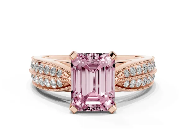 Fancy Pink Emerald Cut Diamond Solitaire Ring with Milgrain Round Pavé Band and Prong Setting Rose gold
