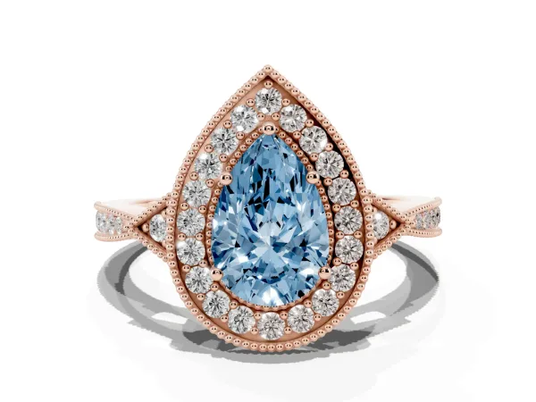 Fancy Blue Pear Cut Halo Round Diamond Milgrain Pave Engagement Ring Rose gold